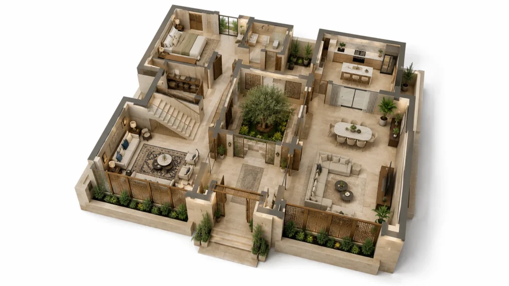 Townhouse – Conceptual 3D Floor Plan concept in Manama, Bahrain — architectural visualization by Yantram Studio