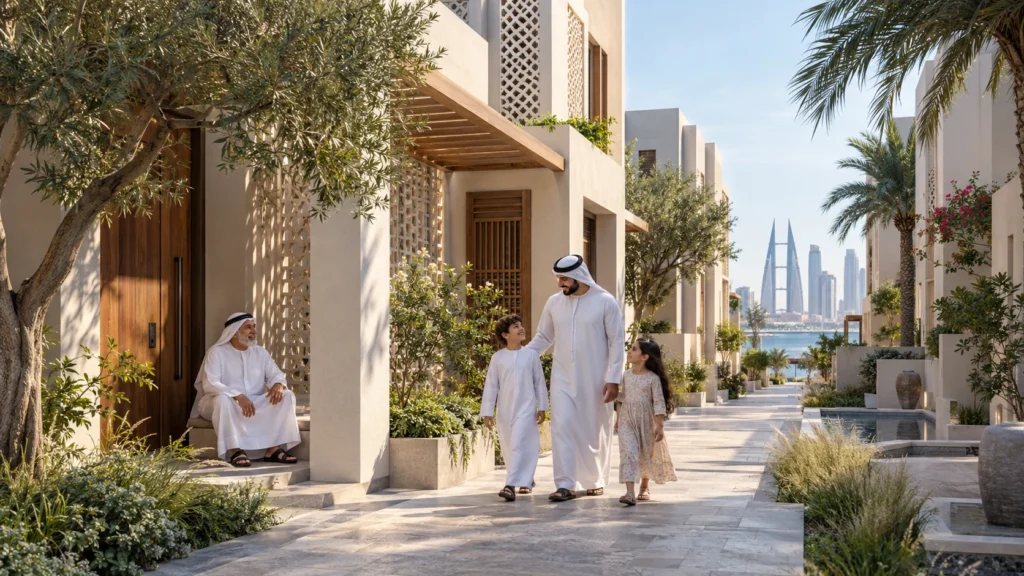 Street level view of residential townhouses with traditional architectural details in Bahrain