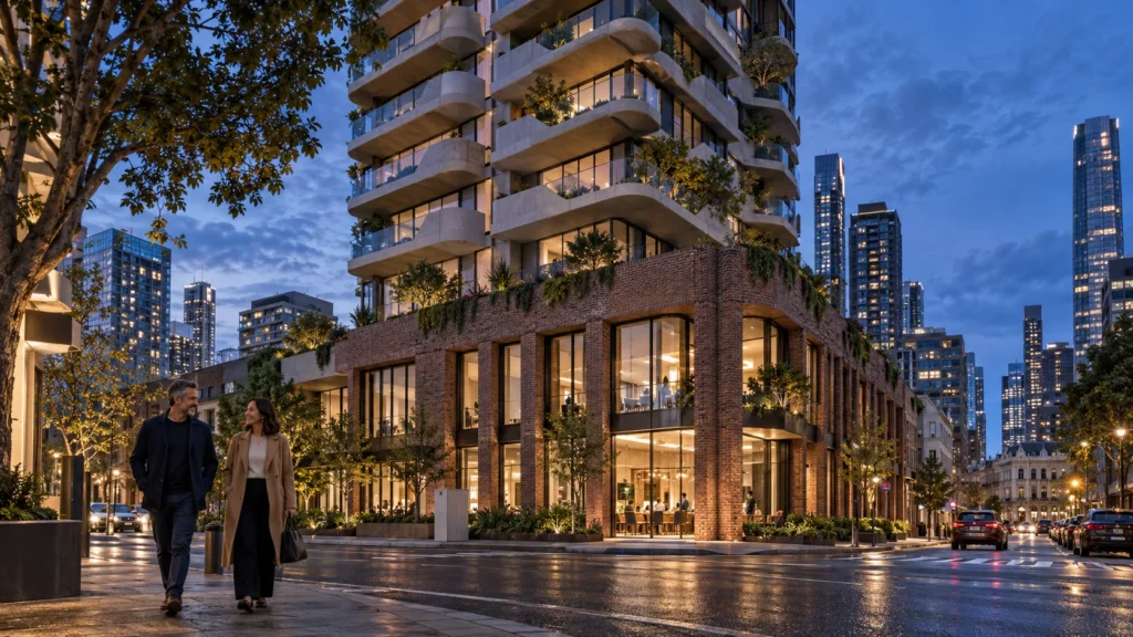 Apartment tower exterior at dusk with city lights โ 3D Architectural Visualisation Melbourne