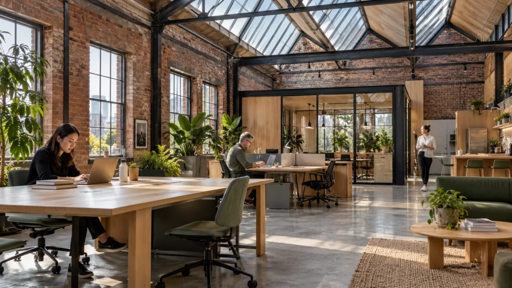 Co-working office interior with exposed brick and daylight