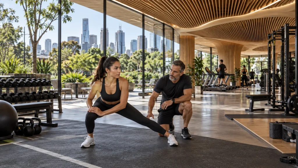 Gym and fitness club interior with city skyline view