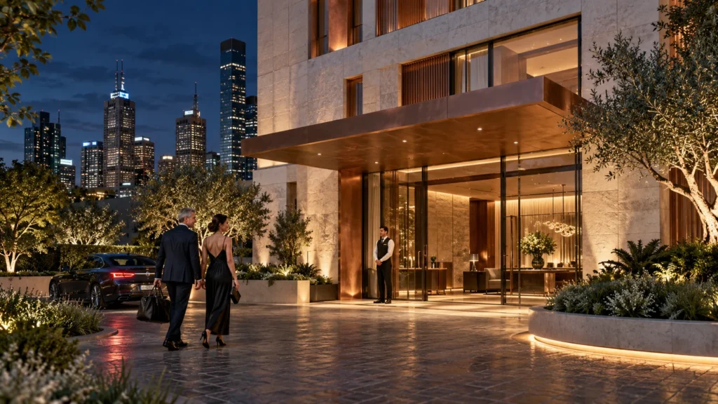 Hotel and resort entrance at night with warm lighting — Townhouse Rendering Melbourne