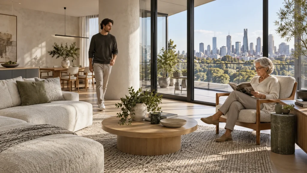 Modern interior living space with city view in Melbourne — Artist Impression Melbourne