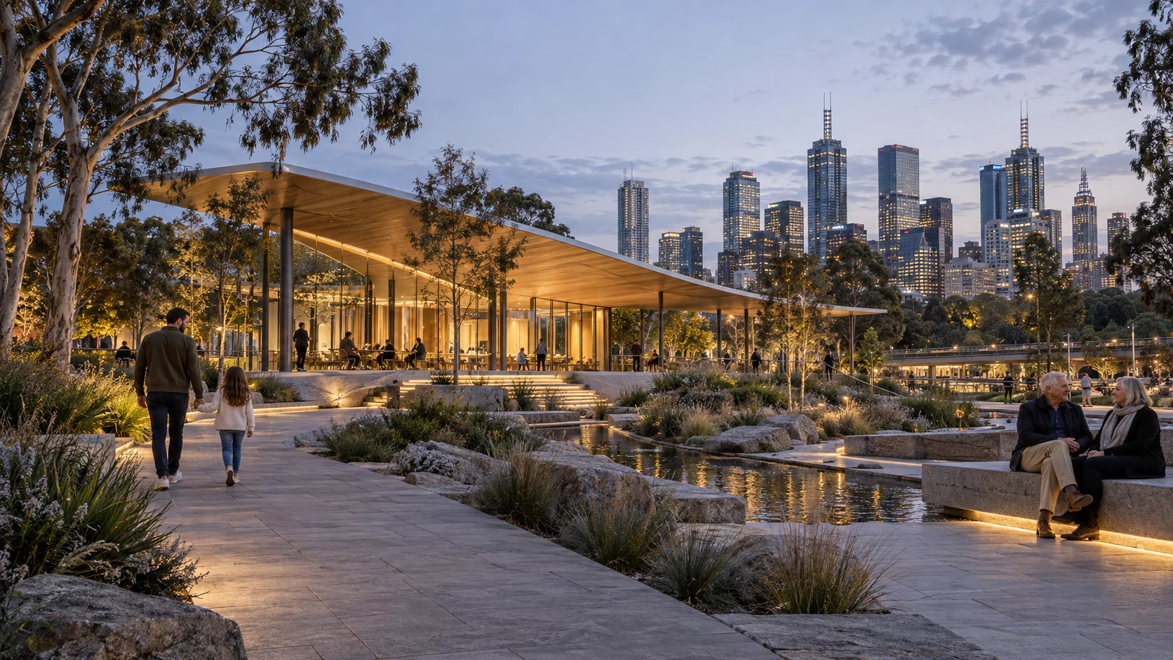 Modern public park plaza rendering at dusk with urban skyline — Premium Residential Rendering Switzerland