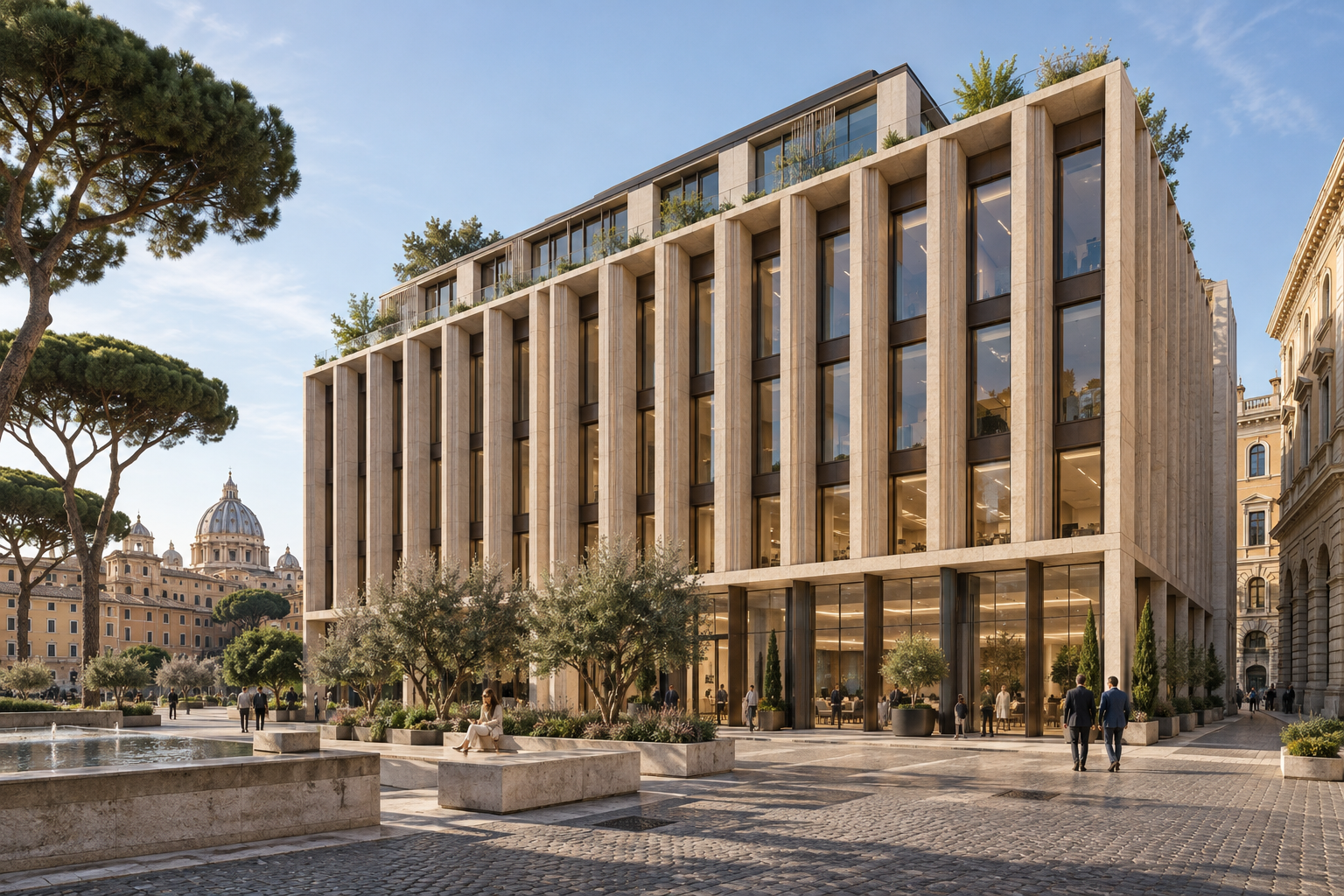 Modern commercial building exterior featuring vertical stone piers and large glass windows — Material Specifications