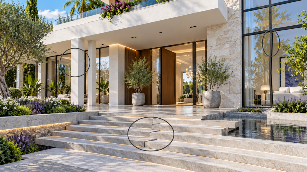 Modern luxury villa entrance featuring stone steps, columns, potted olive trees, and large glass pivot doors — Ai Rendering For Architects