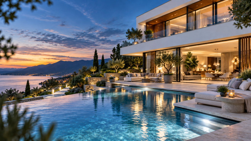 Modern luxury villa exterior at dusk with illuminated interior lighting, infinity pool, and coastal mountain backdrop — Ai Architectural Animation