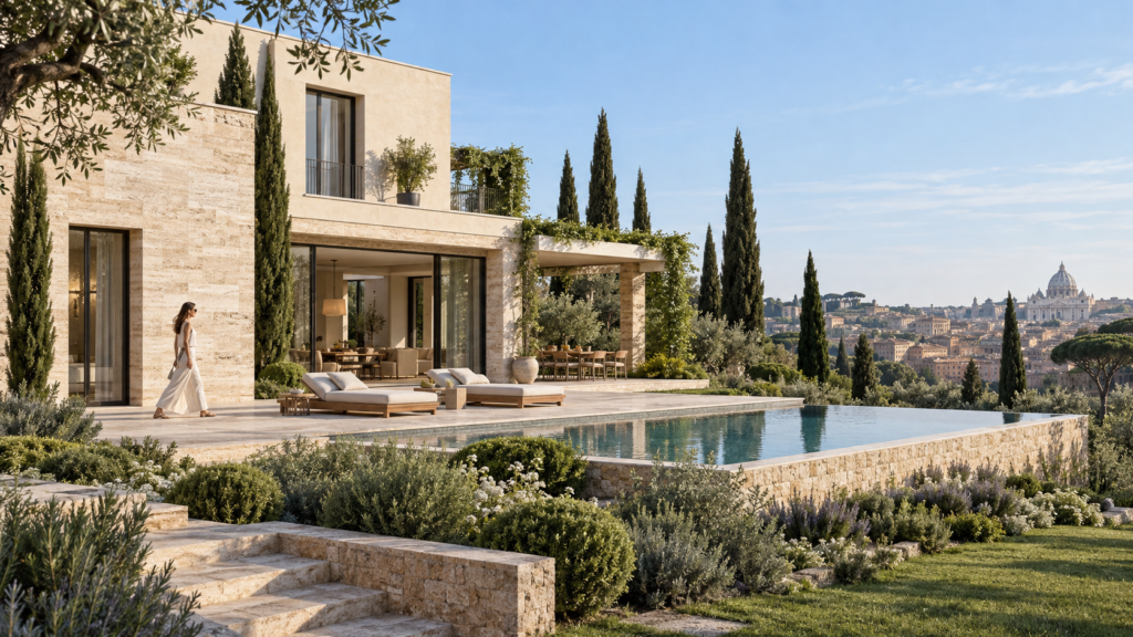 Modern stone villa exterior with infinity pool and manicured Mediterranean garden โ Architectural Drawings