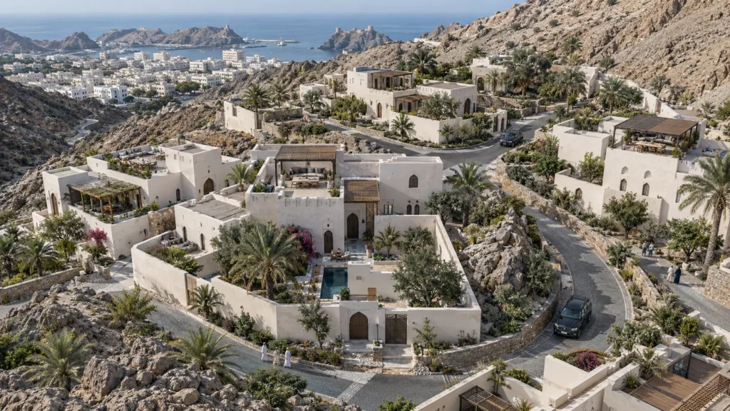 Birds-eye aerial view of residential villa complex in Oman โ Resort Rendering Oman