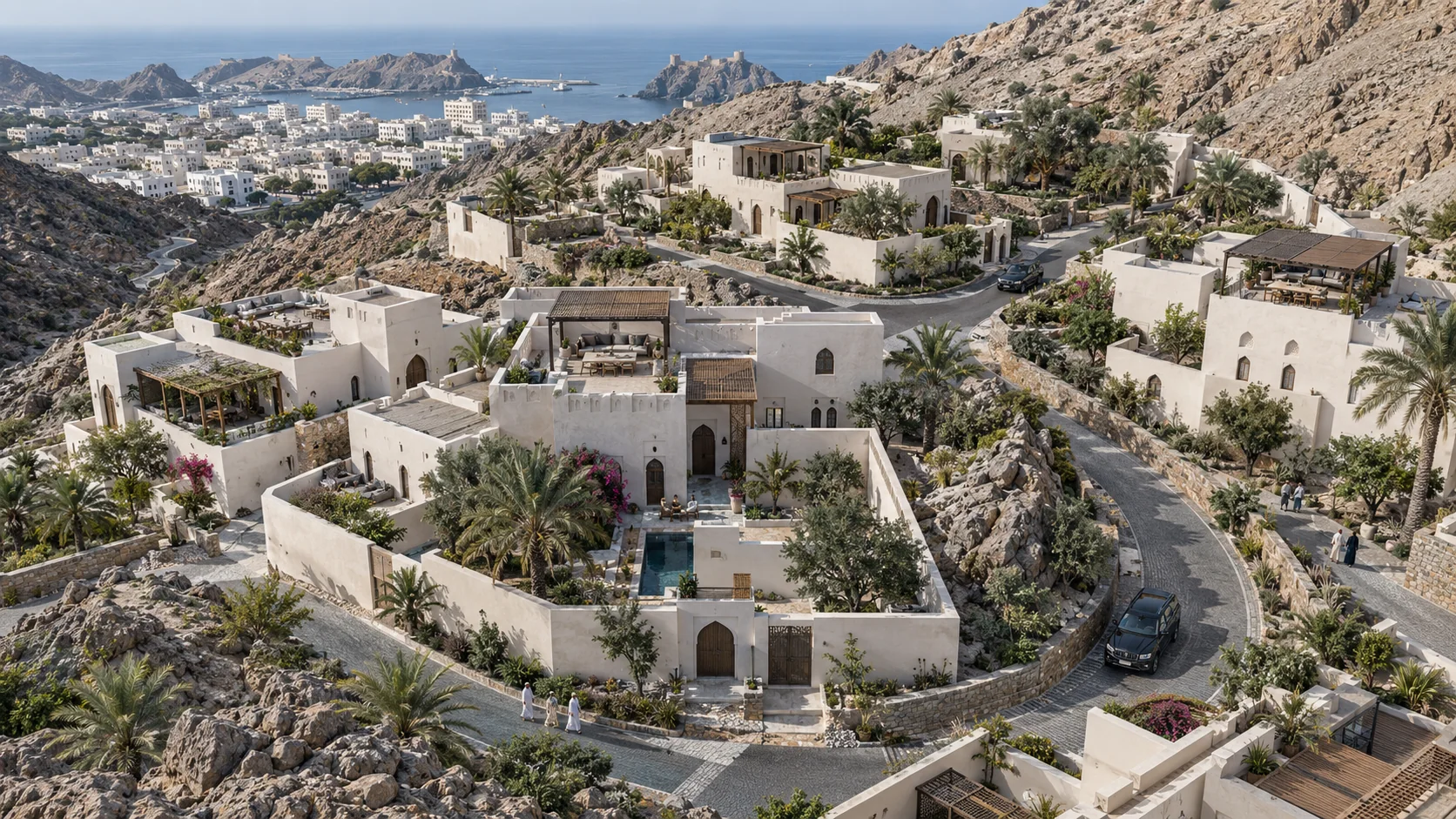 Birds-eye aerial view of residential villa complex in Oman — Resort Rendering Oman