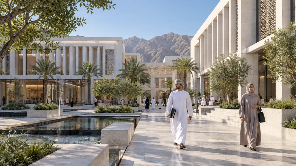 Commercial office exterior and courtyard in daylight — 3D Rendering Services Oman