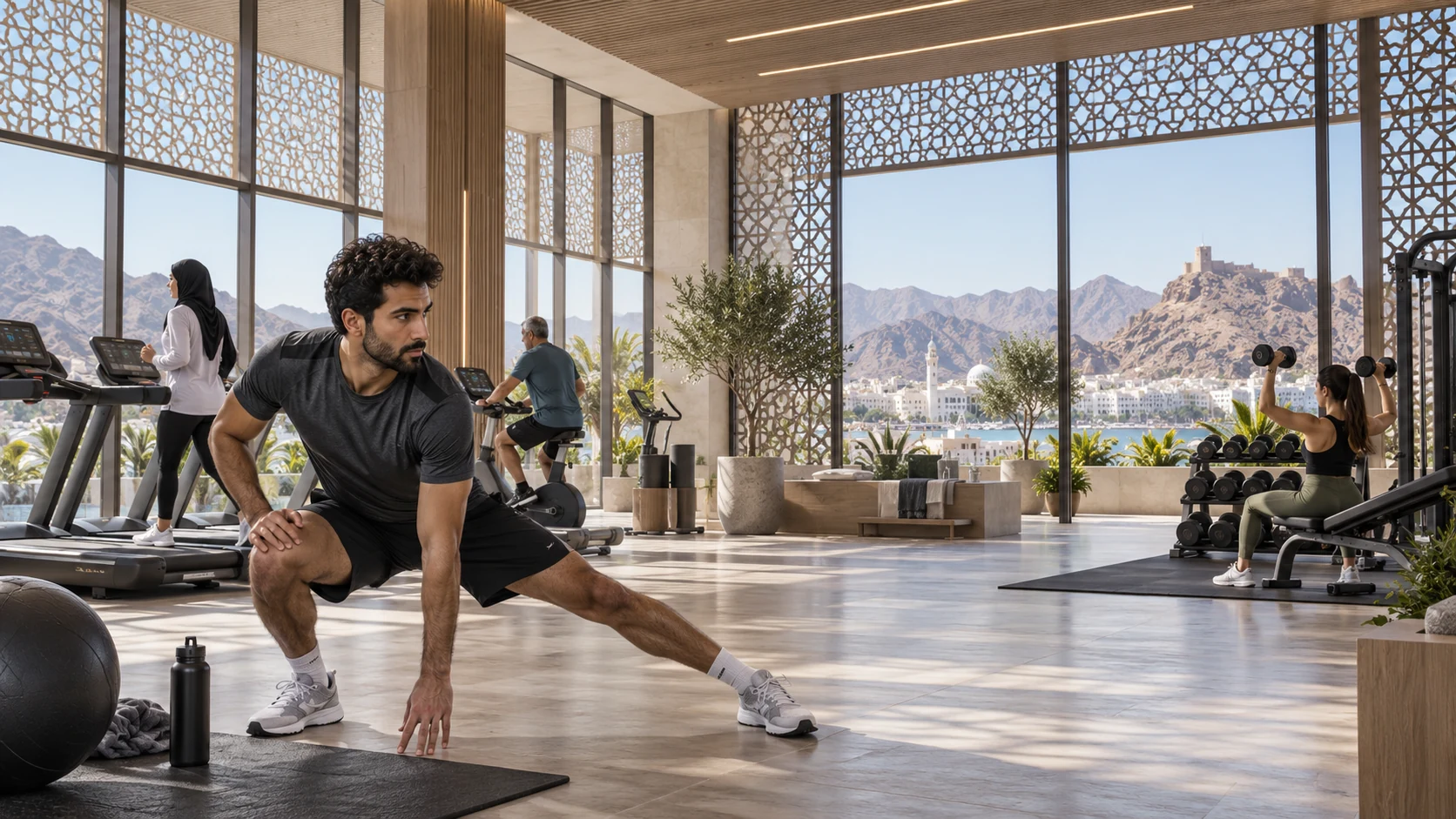 Gym and fitness club interior overlooking mountains — 3D Rendering Services Oman