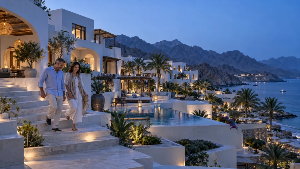 Hotel and resort exterior during blue hour in Oman โ Resort Rendering Oman