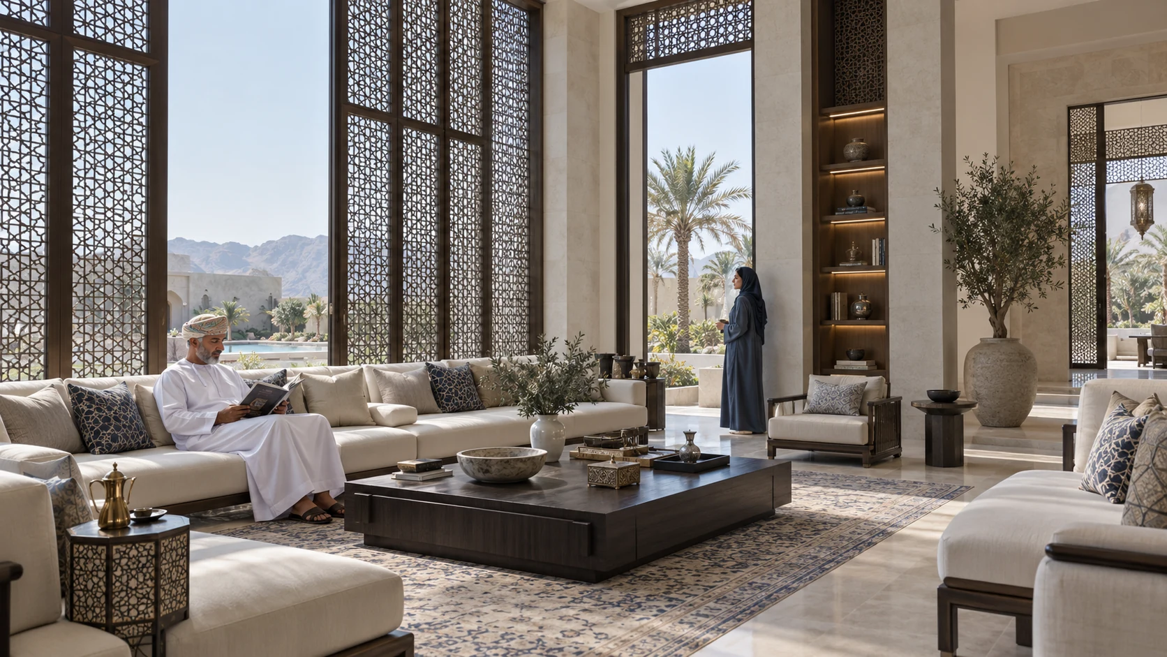 Interior living room with traditional decor in Muscat — Real Estate 3D Visualization Oman
