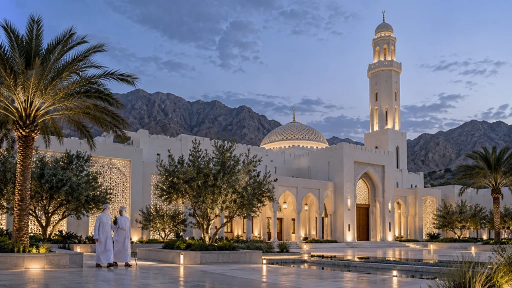 Traditional mosque architecture exterior at dusk in Oman