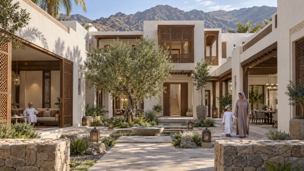 Private residence villa exterior in daylight in Muscat โ Real Estate 3D Visualization Oman