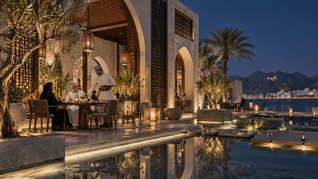 Restaurant and cafe terrace by the water at night โ 3D Architectural Visualization Muscat