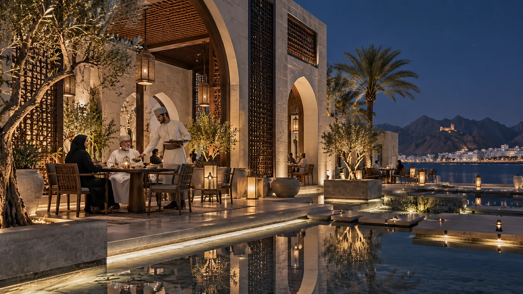 Restaurant and cafe terrace by the water at night — 3D Architectural Visualization Muscat