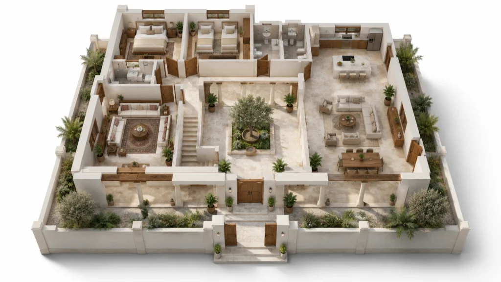 Conceptual 3D ground-floor plan of an Omani courtyard villa with majlis bedrooms kitchen and planted courtyard — architectural visualization by Yantram Studio