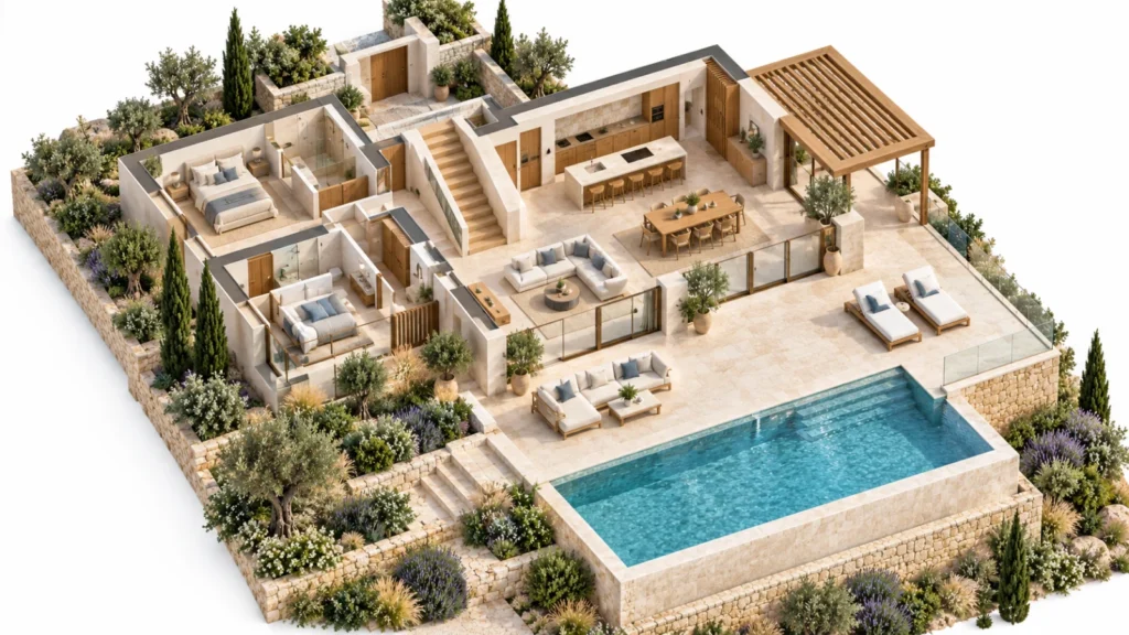 Coastal villa 3d floor plan in Nice featuring furnished rooms, kitchen, bedrooms and outdoor pool terrace