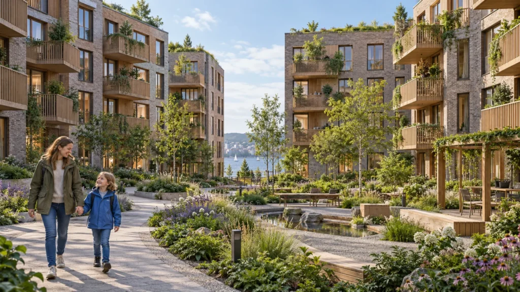 Oslo apartment courtyard exterior 3d rendering with landscaping — Municipal Planning