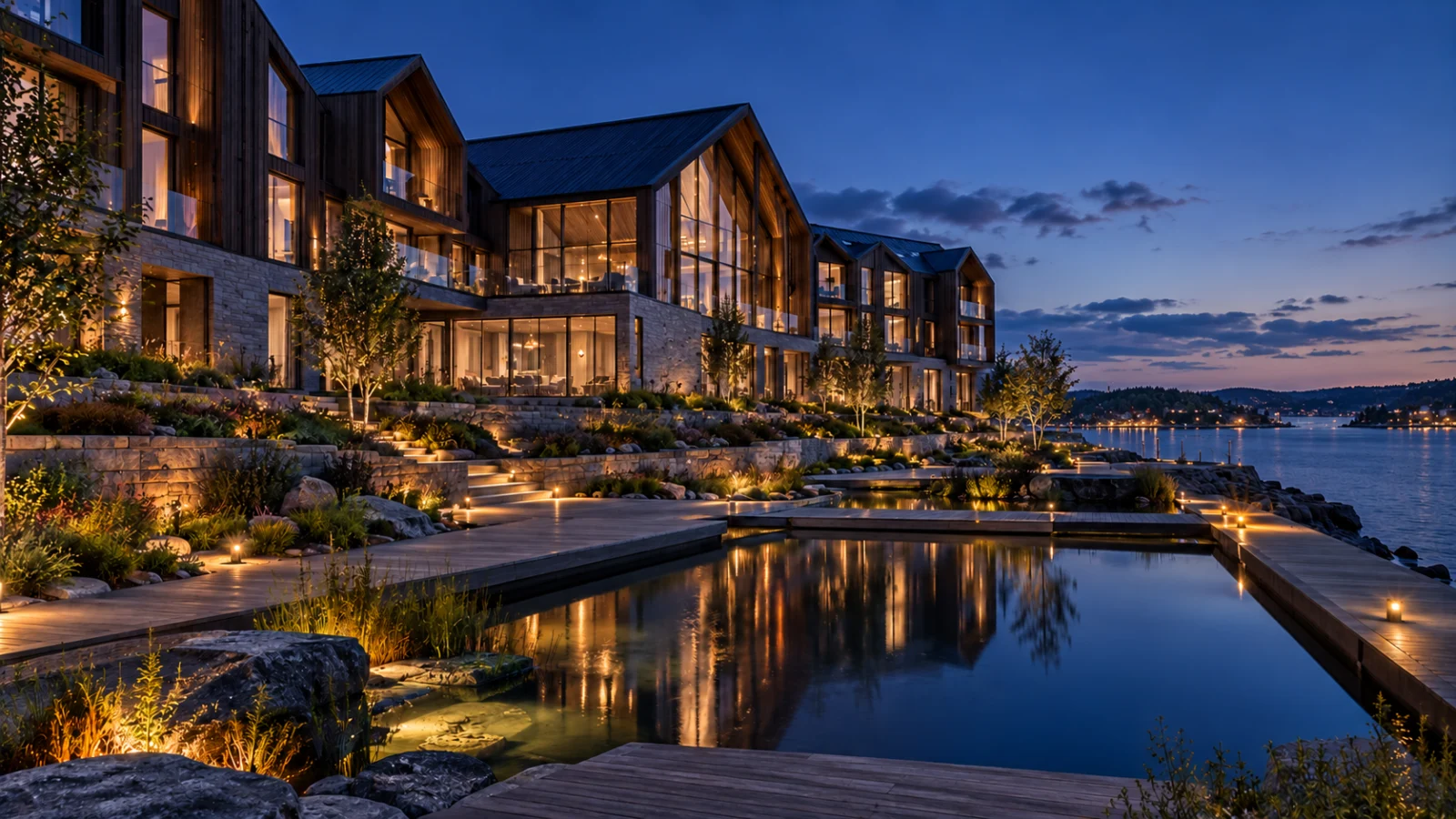Oslo boutique hotel garden at dusk with illuminated pool — Timber Textures