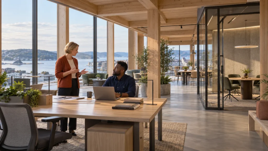 Oslo coworking interior 3d rendering with wooden columns — Municipal Planning