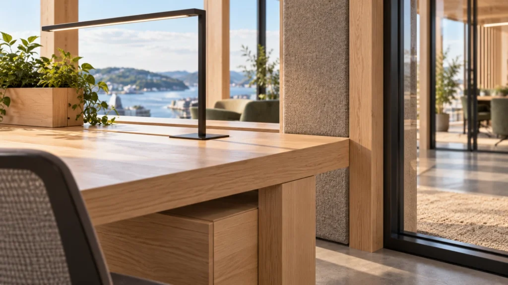 Oslo coworking interior wood craftsmanship desk detail — Exterior Visualisations