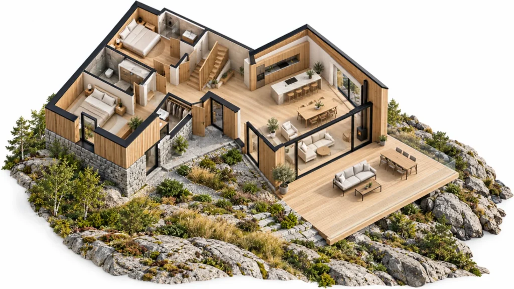 An Oslo 3D ground floor plan by Yantram Studio shows furnished living spaces, guest bedrooms, circulation and a