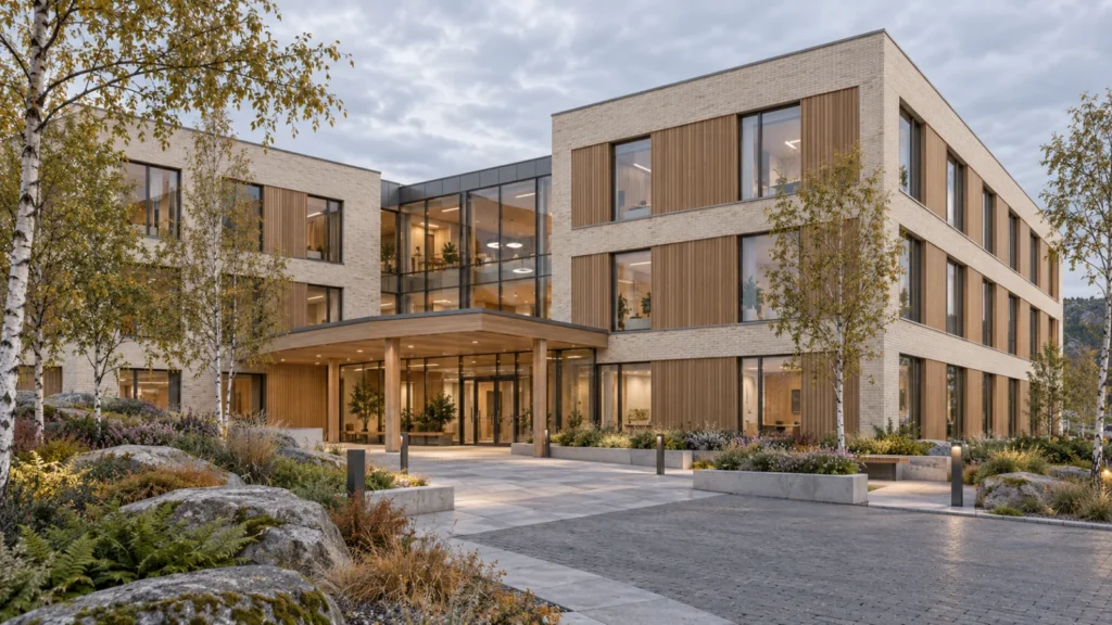 Oslo healthcare clinic exterior rendering with modern facade