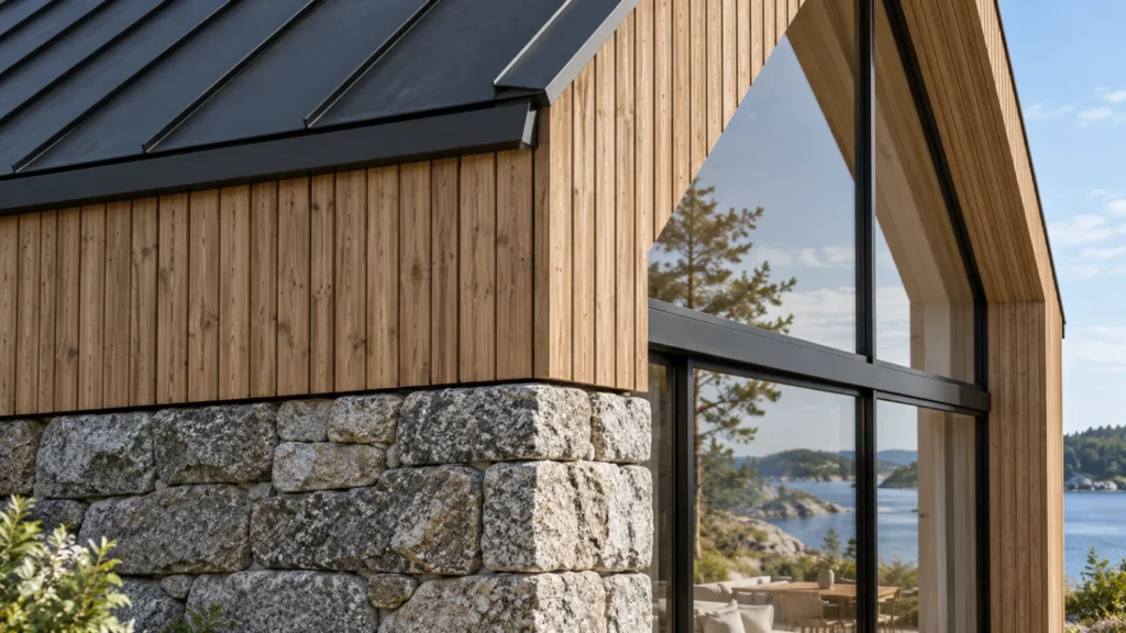 Oslo villa timber and zinc facade detail with large windows — Architectural Models