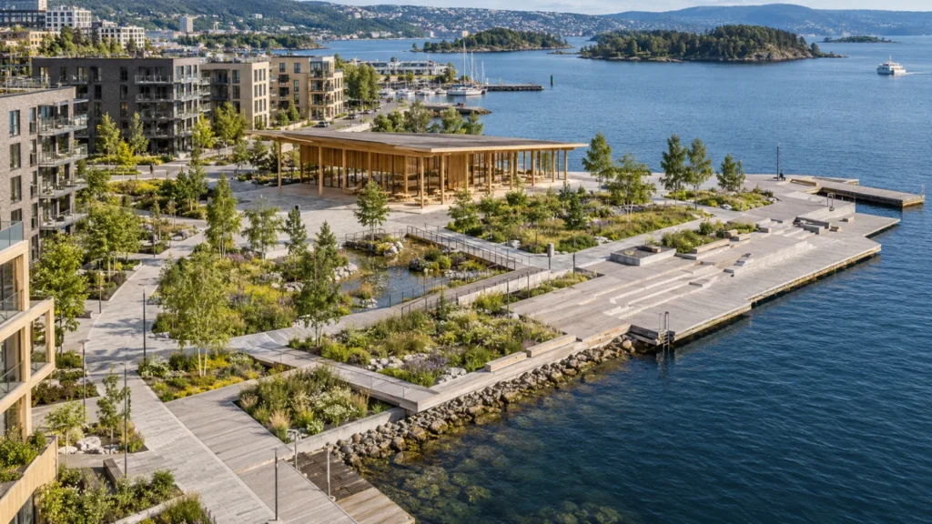 Oslo public park and plaza aerial concept near waterfront