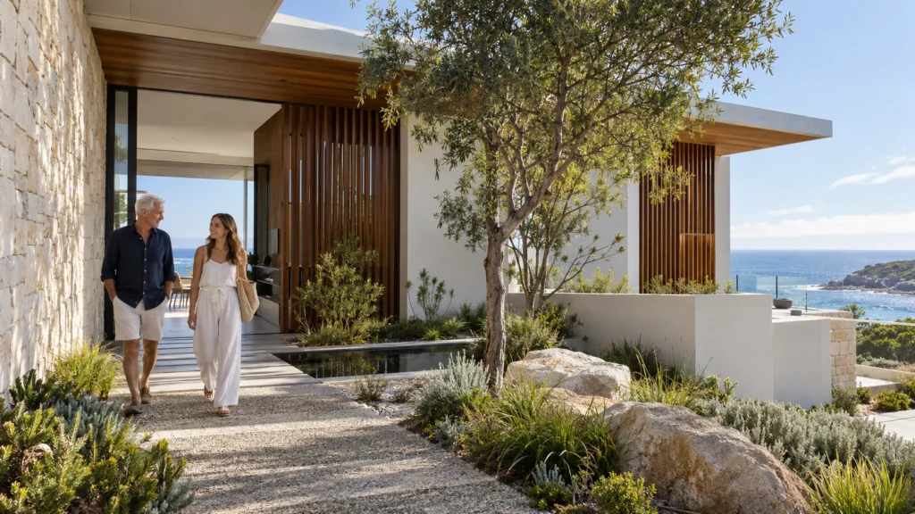 Coastal residence villa with natural stone and timber cladding in daylight — Aerial Master Plan Visuals