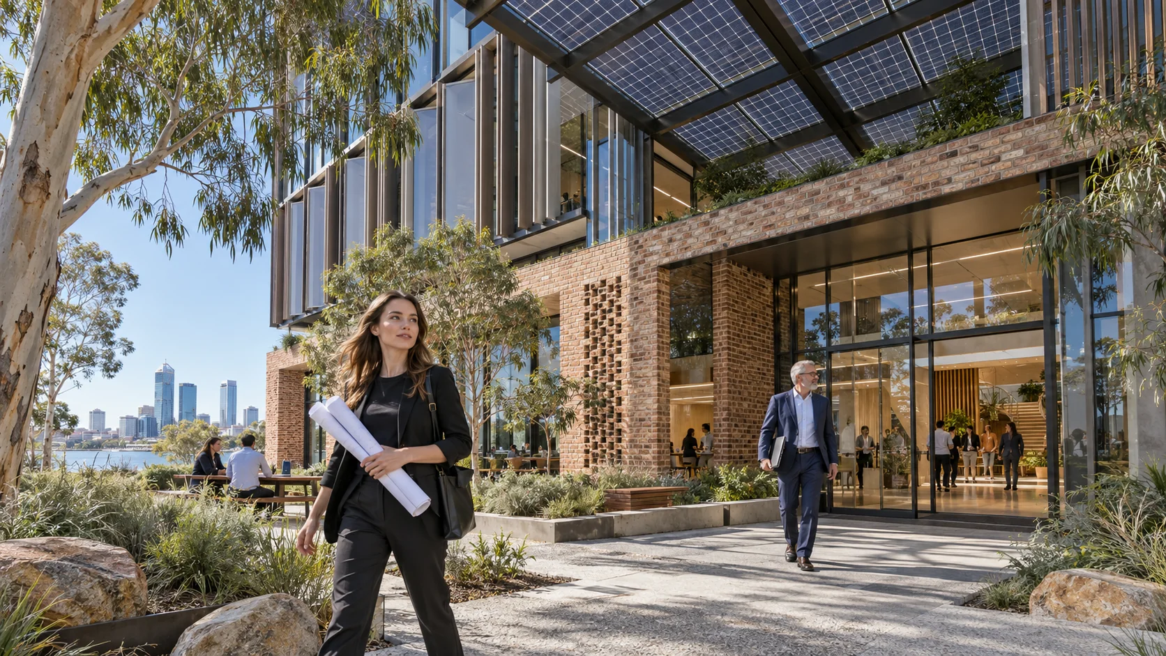 Commercial office building entrance with solar panels and landscaping in Perth — Landscape Visualisations