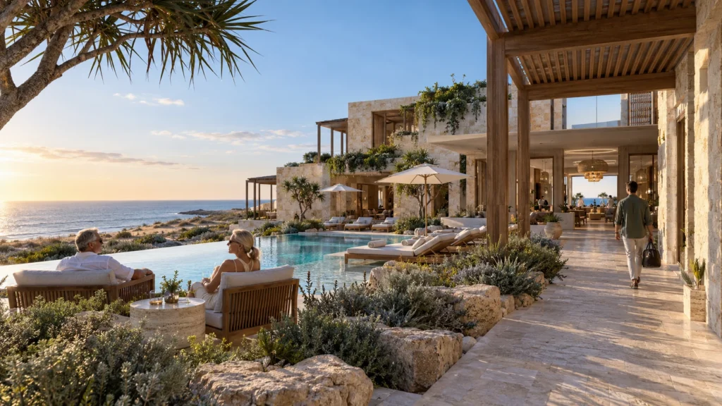 Coastal resort and villa exterior with infinity pool at sunset in Australia — Exterior Facade Renderings