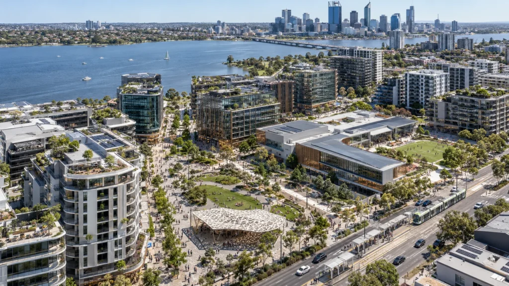 Aerial master plan view of a mixed-use urban development near the waterfront in Perth