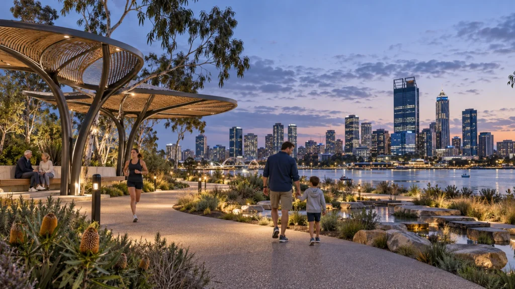 Public park and plaza with modern shade structures and city skyline at dusk