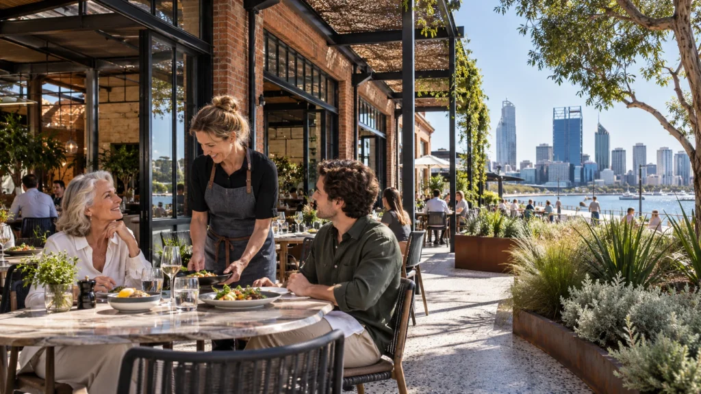 Restaurant and cafe terrace dining area with city skyline view in Perth โ Aerial Master Plan Visuals