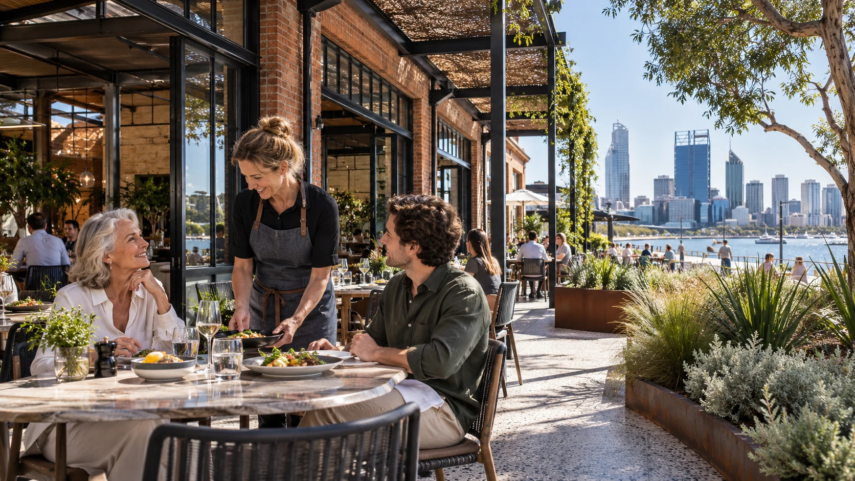 Restaurant and cafe terrace dining area with city skyline view in Perth — Aerial Master Plan Visuals