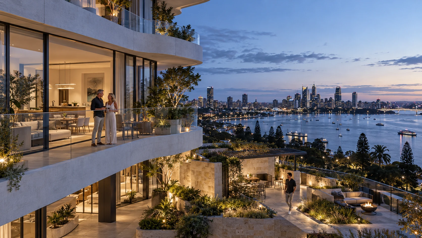 Riverfront apartment tower illuminated at dusk with city lights — Exterior Facade Renderings