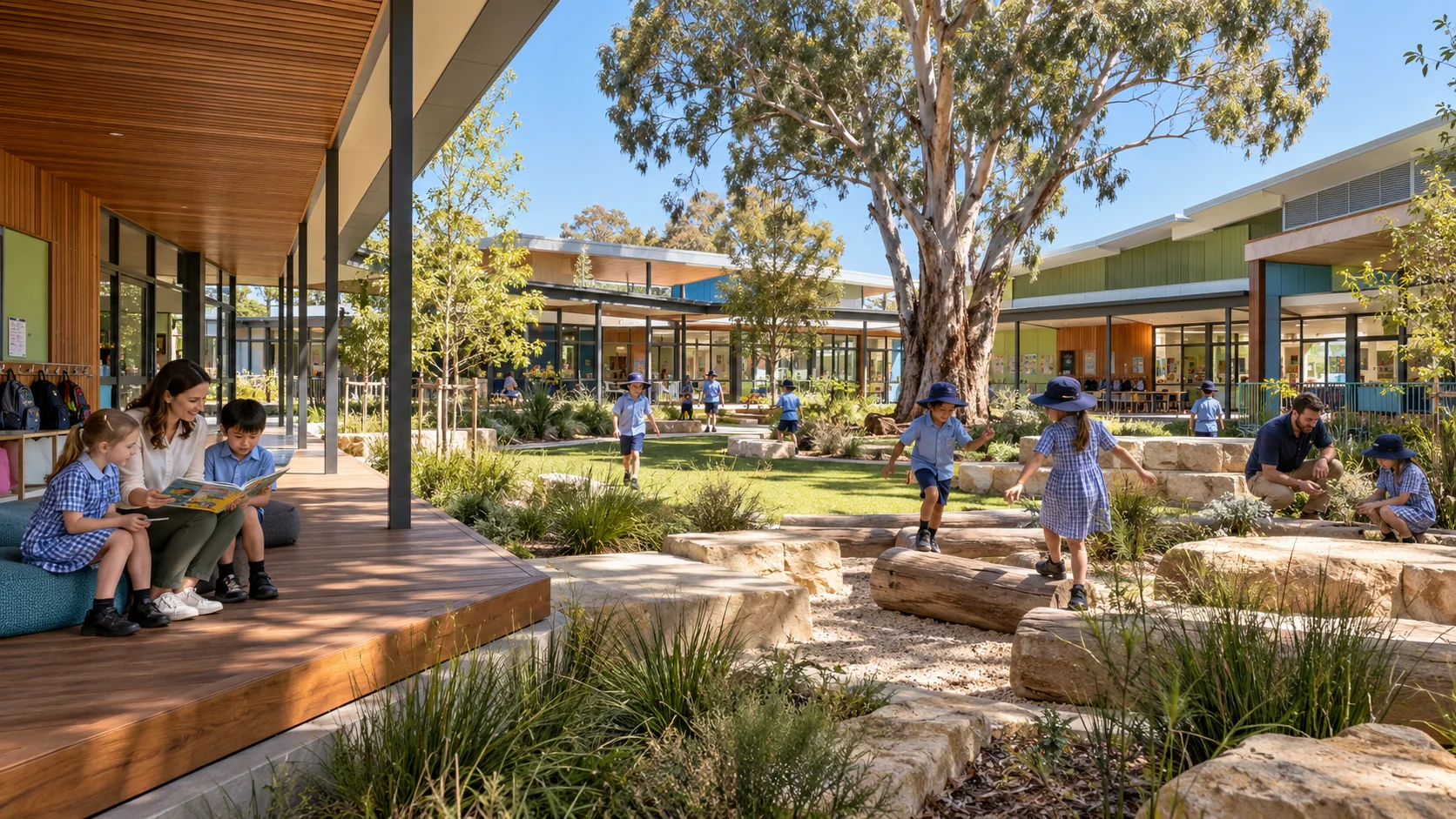 School campus courtyard with children playing and native Australian trees — Landscape Visualisations