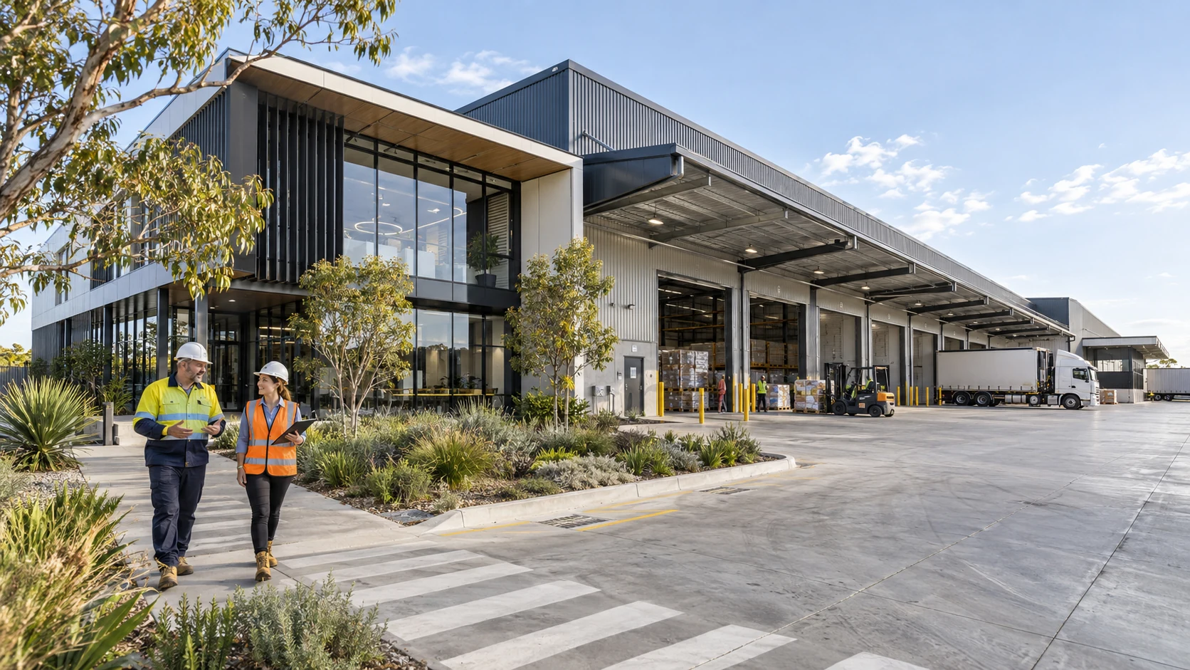 Industrial warehouse and office building exterior with loading docks in daylight — Aerial Master Plan Visuals