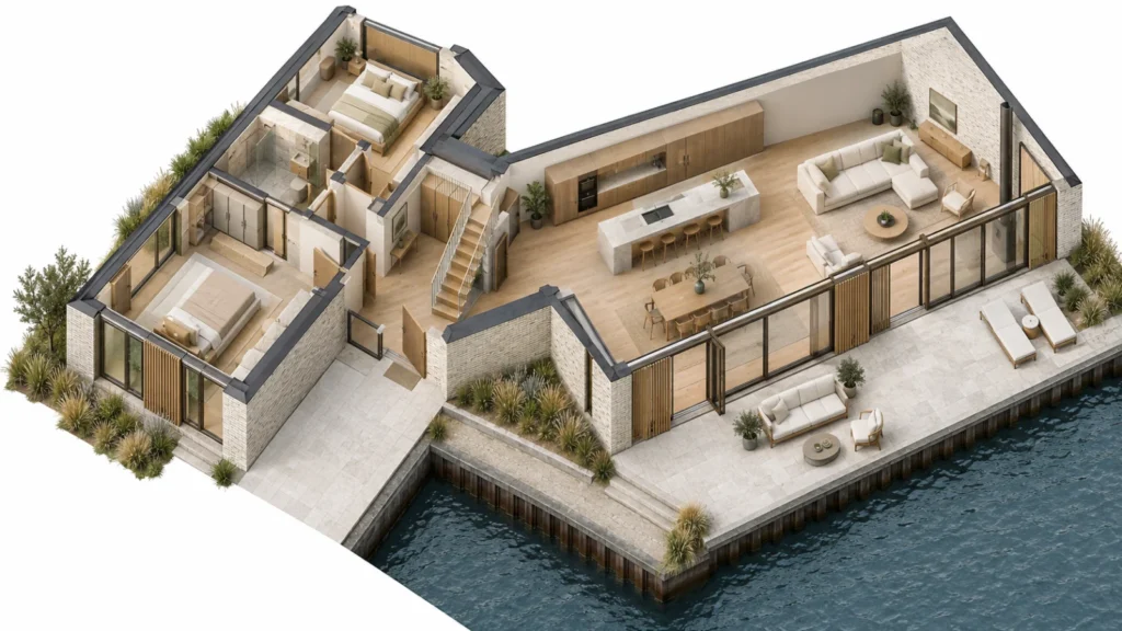 A Copenhagen 3D floor plan rendering by Yantram Studio shows an open living and kitchen wing, bedroom spaces, circulation and a canal-facing terrace.