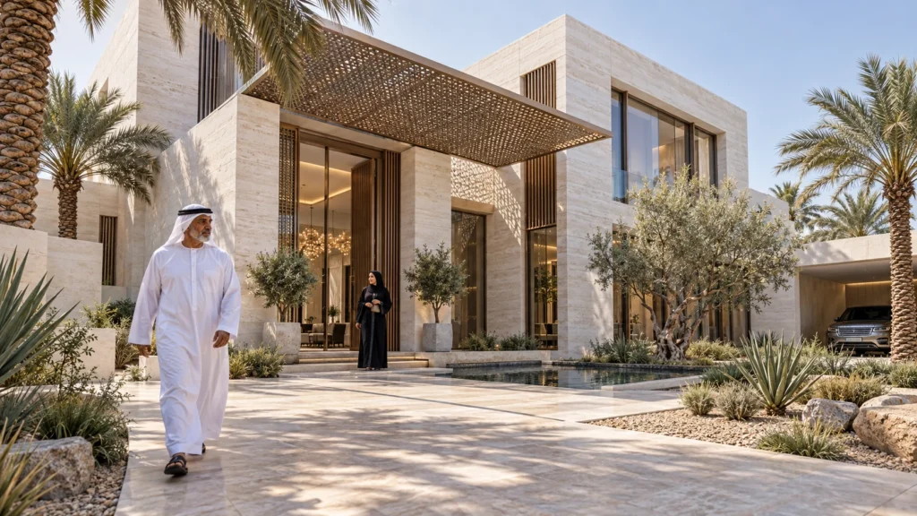 Modern residential villa exterior with stone facade in Abu Dhabi — Architectural Visualization Studio