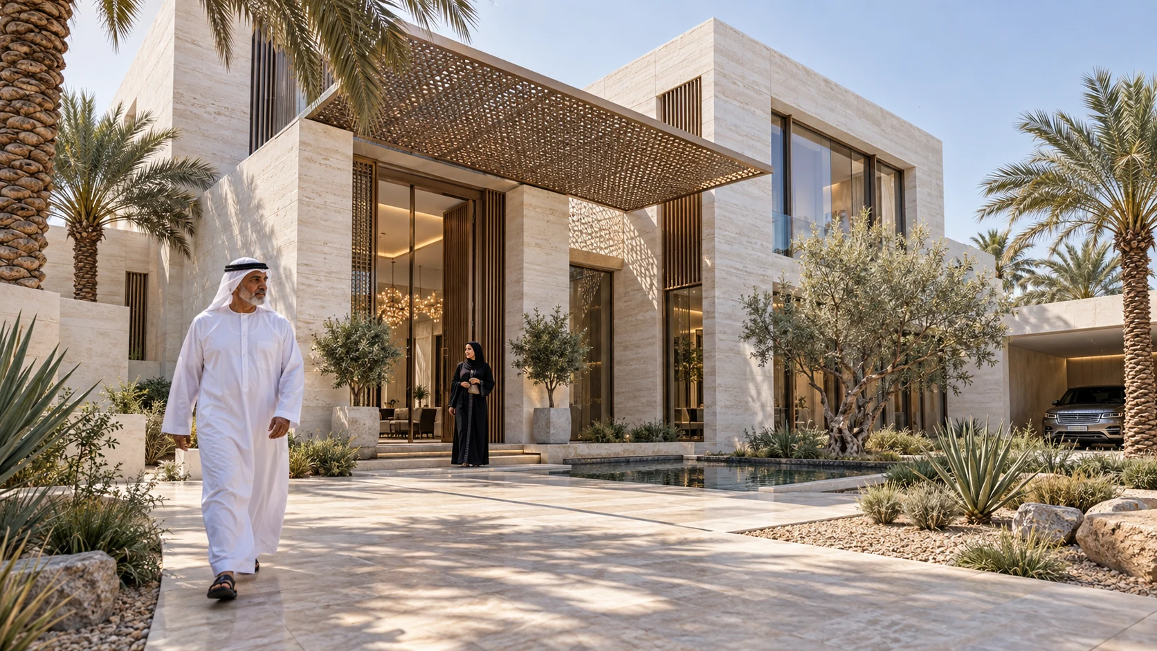 Modern residential villa exterior with stone facade in Abu Dhabi — Architectural Visualization Studio