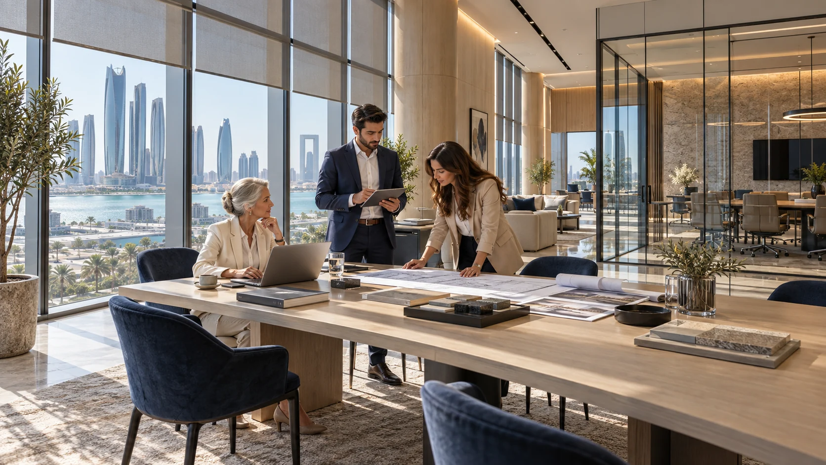Commercial office interior with meeting table and skyline windows — Architectural Visualization Studio