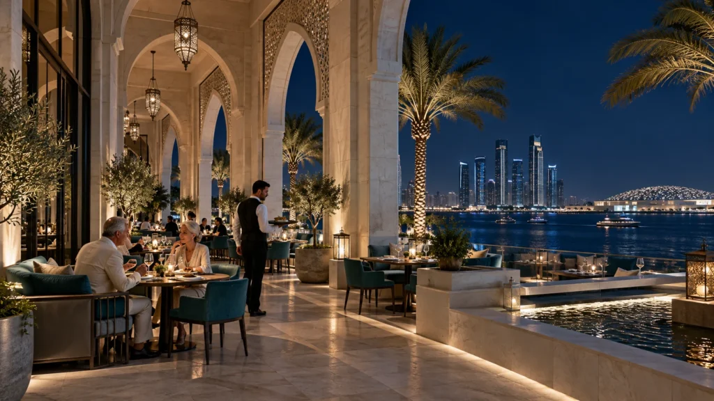 Outdoor restaurant terrace at night with Abu Dhabi city backdrop — Architectural Visualization Studio
