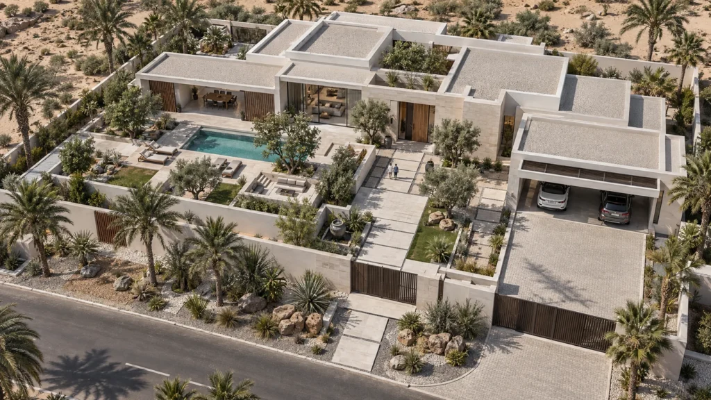 Aerial bird's eye view of a modern desert villa in Abu Dhabi — Architectural Visualization Studio
