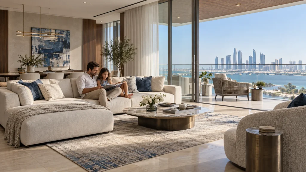 Interior living room with panoramic view of Abu Dhabi skyscrapers — Architectural Visualization Studio