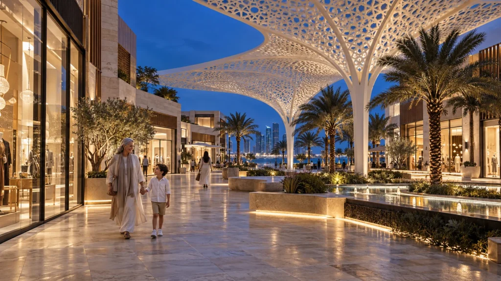 Shopping mall exterior at twilight in Abu Dhabi with illuminated walkways
